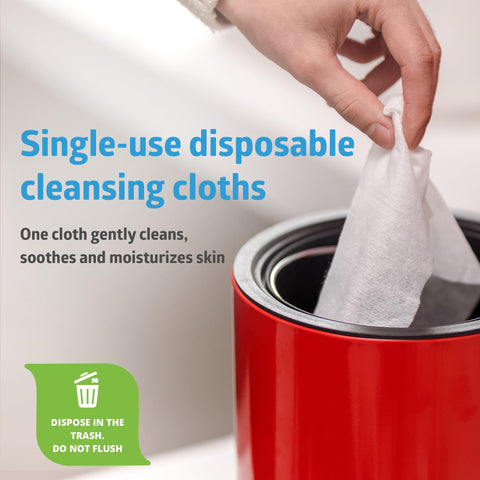 Aloe Based Personal Cleansing Wipes For Sensitive Skin, Scented, Large 8 By 10 Inch Incontinence Wipes, shown being disposed in trash
