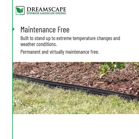EZ Edge Aluminum Landscape Edging Kit bordering soil and grass, showing maintenance-free feature for garden beds.