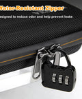 Close-up of smell proof hard shell travel case with lock, odor control carbon lining, waterproof zipper, durable EVA storage.