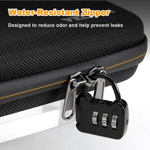 Close-up of smell proof hard shell travel case with lock, odor control carbon lining, waterproof zipper, durable EVA storage.