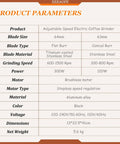 Adjustable Speed Electric Coffee Grinder product parameters table with specifications on blade size, material, power, and weight.