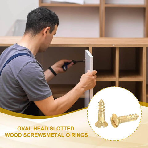 Man using M2 x 8mm Slotted Wood Screws 25 Pack Solid Brass Oval Head Self Tapping Fasteners For DIY Wood Furniture Projects.