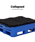 Heavy Duty Collapsible Bulk Box 48x40x33 Inch Plastic Storage Tote collapsed position with black lid shown, ideal for space-saving storage.
