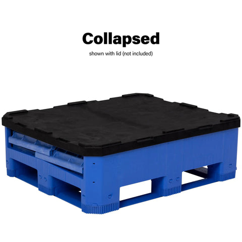 Heavy Duty Collapsible Bulk Box 48x40x33 Inch Plastic Storage Tote collapsed position with black lid shown, ideal for space-saving storage.