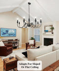 Black Farmhouse Chandelier With 8 Candle Style Lights, Rustic Metal Ceiling Fixture for Dining Room