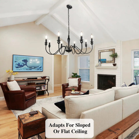 Black Farmhouse Chandelier With 8 Candle Style Lights, Rustic Metal Ceiling Fixture for Dining Room