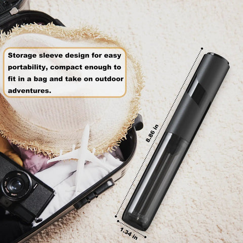 Handheld Milk Frother With Cover, 15 Second Silent Drink Mixer, Travel Ready Battery Powered Stainless Steel Whisk For Coffee Matcha And Shakes, Ultra Fast Foam In Seconds, Compact On The Go Foam Maker next to travel essentials in suitcase