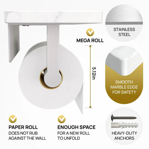 Total Game Changer, Two Shelf Wall Mounted Toilet Paper Holder With Natural Marble Top And Sleek Nickel Finish, features stainless steel and marble.