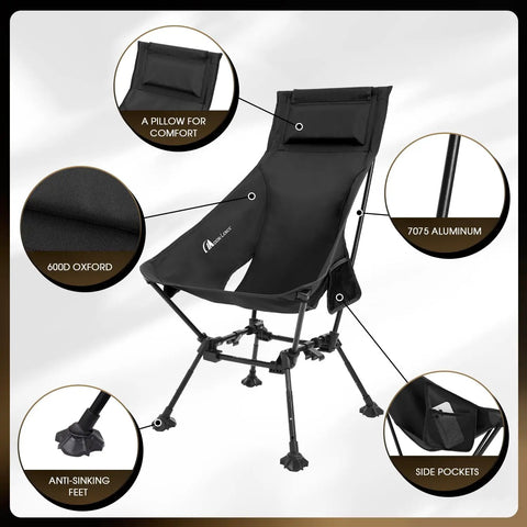 High Back Folding Camping Chair With Three-Position Height Adjustment, Widened Seat, Anti-Sinking Feet, Black