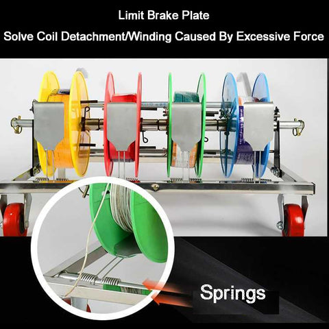 Pro Grade Heavy Duty Wire Spool Rack Cart With Cable Dispenser And Storage Tray displaying colorful wire spools.