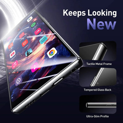 5 Inch Touchscreen MP3 Player With 128GB Real Storage, Bluetooth, WiFi, Android 13 displayed with apps and metal frame design.
