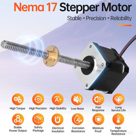 Side view of Nema 17 stepper motor with TR8x8 lead screw and brass nut mounted on a plate