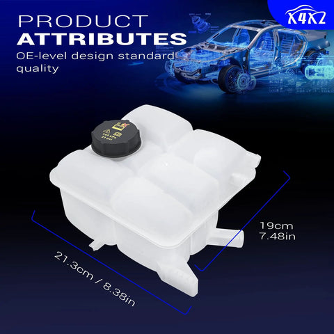 Front Engine Coolant Reservoir And Radiator Expansion Tank With Surge Cap Replaces 603382 For Ford Vehicles top view with dimensions displayed