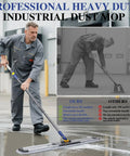36 Inch Pro Grade Commercial Mop For Floor Cleaning With 3 Microfiber Pads, Heavy Duty Industrial Mop With 60 Inch Long Handle, Large Dust Mop For Office, Warehouse, Factory, Mall And Garage being used by a worker on a wet surface.