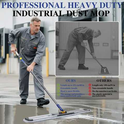 36 Inch Pro Grade Commercial Mop For Floor Cleaning With 3 Microfiber Pads, Heavy Duty Industrial Mop With 60 Inch Long Handle, Large Dust Mop For Office, Warehouse, Factory, Mall And Garage being used by a worker on a wet surface.