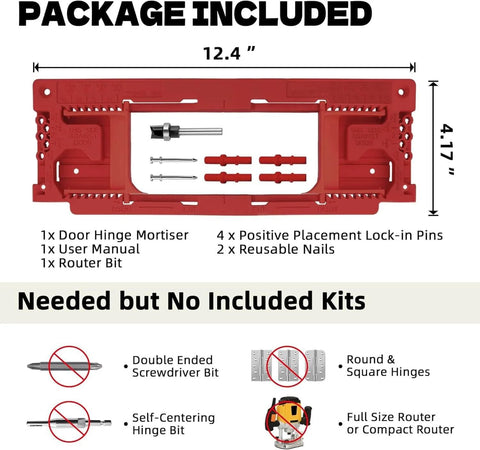 Upgraded Door Jamb Hinge Jig Fits Eight Size Range 2.5-6 In And Five Door Thickness 1.375-2.5 In package contents.