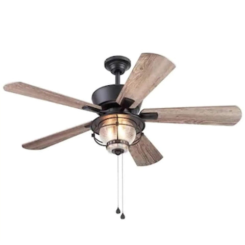 Merrimack II 52 Inch Matte Bronze LED Indoor And Outdoor Ceiling Fan With Light Kit Five Blade Seeded Glass Shade