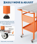 Solid As A Rock Heavy Duty Carbon Steel Welding Table 36 By 24 Inches 800 Lbs Capacity showing adjustable wheels and pegboard details.