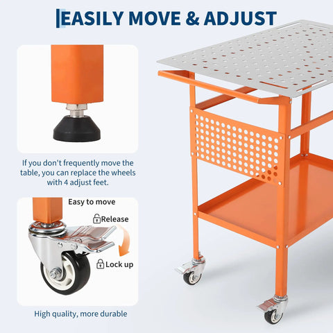 Solid As A Rock Heavy Duty Carbon Steel Welding Table 36 By 24 Inches 800 Lbs Capacity showing adjustable wheels and pegboard details.