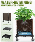 All In One 71 Inch Trellis Planter Box With Wheels For Growing Vegetables Self Watering Raised Garden Bed For Indoor And Outdoor Use No Fuss Easy Setup UV Resistant Durable Plastic Tomato Cage And Planters showing self-watering system and plant growth.