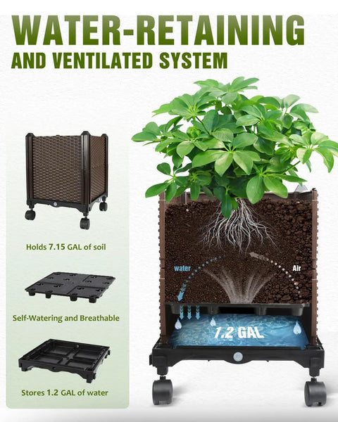 All In One 71 Inch Trellis Planter Box With Wheels For Growing Vegetables Self Watering Raised Garden Bed For Indoor And Outdoor Use No Fuss Easy Setup UV Resistant Durable Plastic Tomato Cage And Planters showing self-watering system and plant growth.