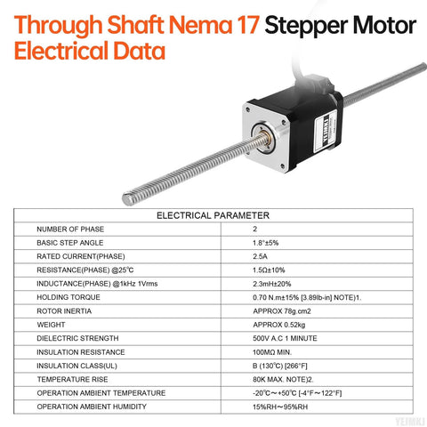 YEJMKJ through-shaft NEMA 17 stepper motor with 300mm TR8x8 lead screw, black body and silver faceplate