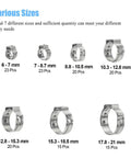 DYWISHKEY 304 stainless steel single-ear hose clamps set with assorted sizes from 6–7 mm to 17.8–21 mm, 136 pcs