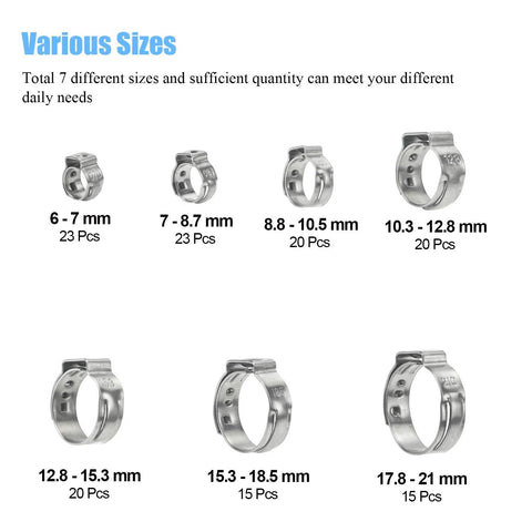 DYWISHKEY 304 stainless steel single-ear hose clamps set with assorted sizes from 6–7 mm to 17.8–21 mm, 136 pcs