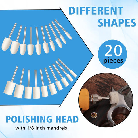 20-piece polishing heads with 1/8 inch mandrels from 110 Piece Value Packed Buffing Wheel And Polishing Kit For Rotary Tools