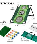 Backyard Golf Cornhole Game For Adults And Men, showing targets, foam balls, hitting mats, scorecard, and carrying case