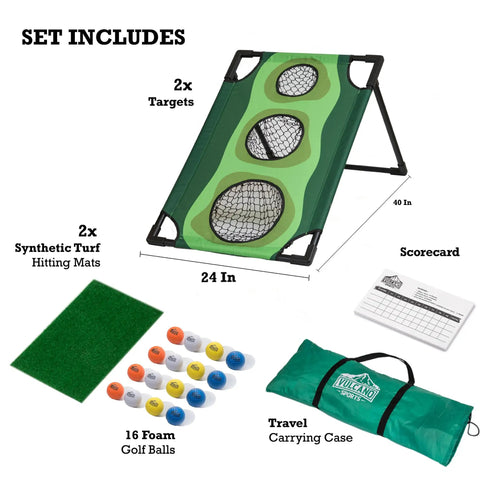Backyard Golf Cornhole Game For Adults And Men, showing targets, foam balls, hitting mats, scorecard, and carrying case