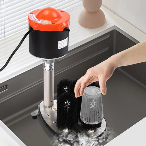 Heavy Duty Electric Commercial Glass Washer Slick Five Brush Upright Setup For Fast Beer Mugs Wine Glasses And Champagne Flute Washes With Zero Sweat Motor Cleaning In Bold Red Steel with glass being cleaned.