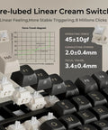 Pre-lubed Linear Cream Switch and keycaps showcasing features for NinetySix Wired Mechanical Keyboard With GasketFrame HotSwappable PreLubed Linear Switches Mda Pbt Keycaps Onboard Volume Knob And TunableRgb Lighting Bringing That Sick Creamy Thock That Goes Hard For Grinding Games Or Crushing Desk Work Anytime.