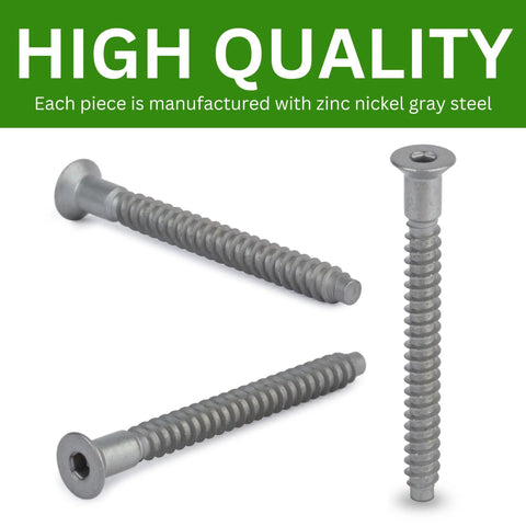 Confirmat Screw Replacement Kit For Flat Pack Furniture 7.0mm Diameter 2.4 Pitch 70mm Or 56 To 58mm Length 4mm Hex Recess Zinc Nickel Steel Pack Of 8 Part 131348 Compatible shown.