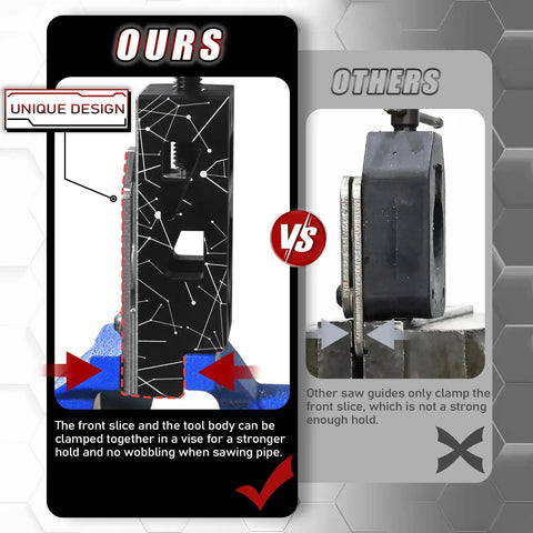 Comparison of adjustable bike saw guide for forks and tubes showing clamping strength and stability in cutting position.
