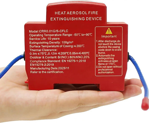 5 Pack Automatic Fire Extinguisher Guide Rail Mount Thermal Sensor Heat Activated Aerosol Suppression System 20g held in hand.
