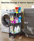 Slim 3 Tier Rolling Storage Cart On Wheels For Narrow Spaces Ideal For Bathroom Kitchen Laundry Room Black Space Saver Organizer With Easy Glide Wheels next to laundry machine.