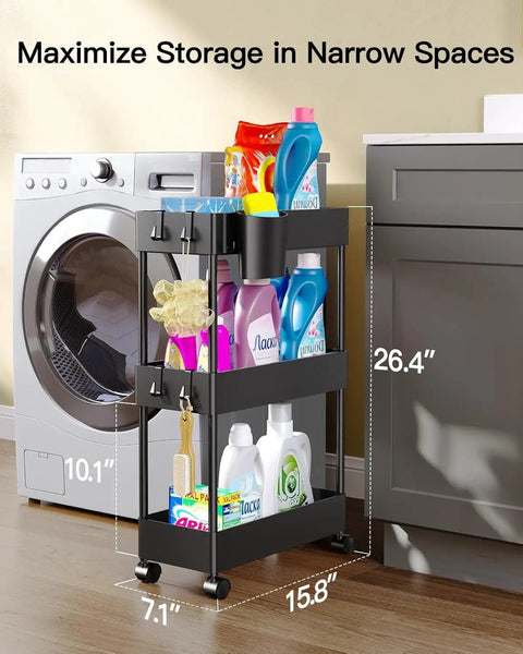 Slim 3 Tier Rolling Storage Cart On Wheels For Narrow Spaces Ideal For Bathroom Kitchen Laundry Room Black Space Saver Organizer With Easy Glide Wheels next to laundry machine.