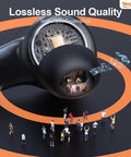 Wireless Earbuds With LED Power Display All Day Playtime 50 Hours showing sound quality with music notes and people illustration