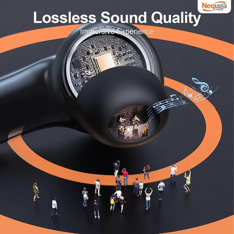 Wireless Earbuds With LED Power Display All Day Playtime 50 Hours showing sound quality with music notes and people illustration