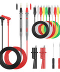 11 Piece Multimeter Leads Kit With Back Probes And Dual Ended Alligator Clips Crocodile Clips For Electrical Testing And Automotive Diagnostics Best For DIY Electronics And Troubleshooting, showing red and black leads, colored alligator clips, and back probes against a white background.