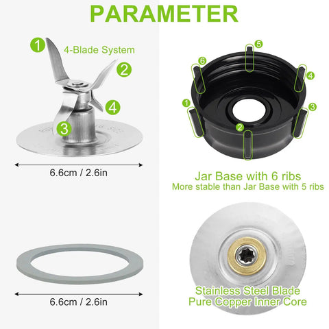 Replacement Ice Blade Kit With ABS Plastic Base And Two Rubber O Ring Gaskets For Most Blender Models, blade and base details
