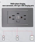 Heavy Duty Grey Decorator Wall Outlet With Built In Usb And Type C Ports Solid As A Rock Design top view with mobile charging.