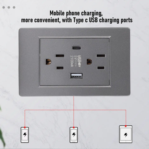 Heavy Duty Grey Decorator Wall Outlet With Built In Usb And Type C Ports Solid As A Rock Design top view with mobile charging.