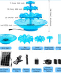 Components of Sun Powered 3 Tier Solar Fountain Pump With LED Lights shown with sizes and assembly instructions.