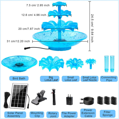Components of Sun Powered 3 Tier Solar Fountain Pump With LED Lights shown with sizes and assembly instructions.