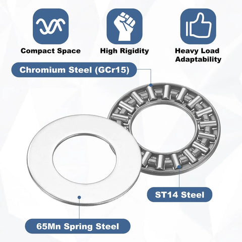 AXK1528 Thrust Needle Roller Bearing Set With 20 Washers Chrome Steel Rollers And Steel Cage For Heavy Duty Loads displaying materials