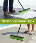 Person using 18 Inch Indoor Shop And Garage Push Broom With Soft Bristles to sweep snow and debris on concrete surfaces.
