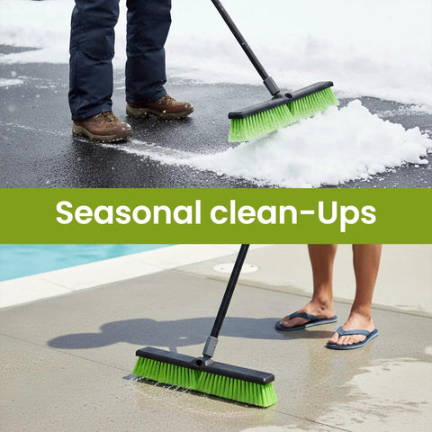 Person using 18 Inch Indoor Shop And Garage Push Broom With Soft Bristles to sweep snow and debris on concrete surfaces.