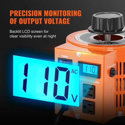 Auto Variable Voltage Transformer 500VA AC Regulator With LCD Display showing 110V for precision monitoring, backlit screen.